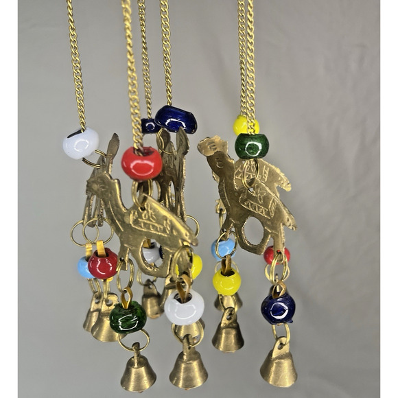 Vintage Dome Hanging Wind Chime Brass Camel Beaded Accents Bohemian Style Decor - Picture 6 of 10